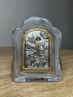 Георгий Победоносец, икона арочная, белое муранское стекло 86х112