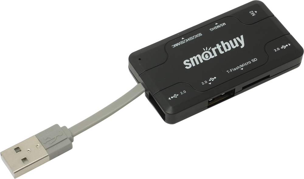Картридер + Хаб Smartbuy 750, USB 2.0 3 порта+SD/microSD/MS/M2 Combo, черный