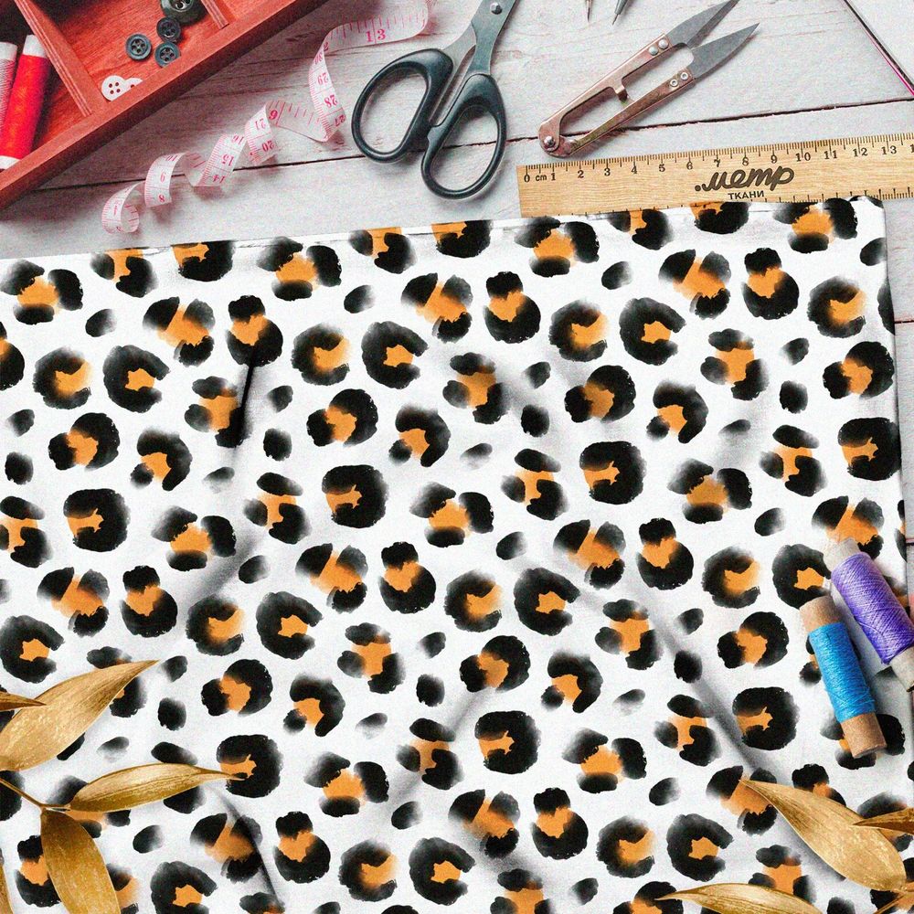 Ткань дюспо яркий леопард на белом фоне
