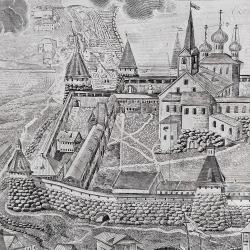 Крепостная стена на гравюре Вид Соловецкого монастыря