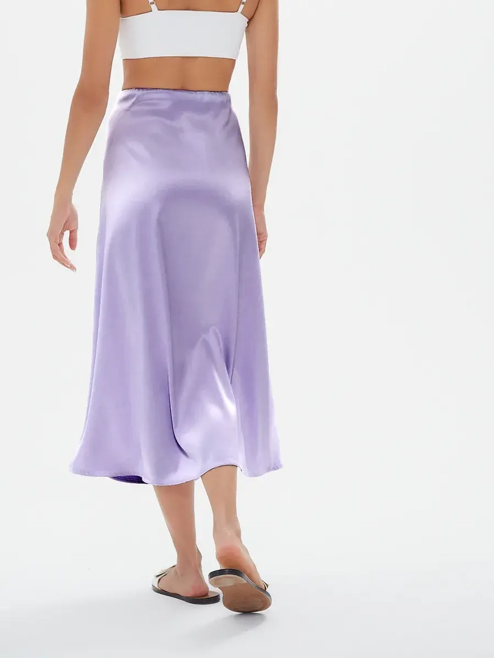 Юбка весенняя, атласная, лавандовая, шелковая на резинке