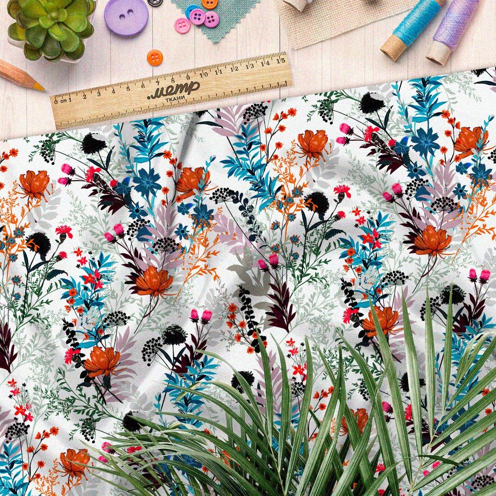Ткань ниагара пёстрые полевые цветы на белом фоне