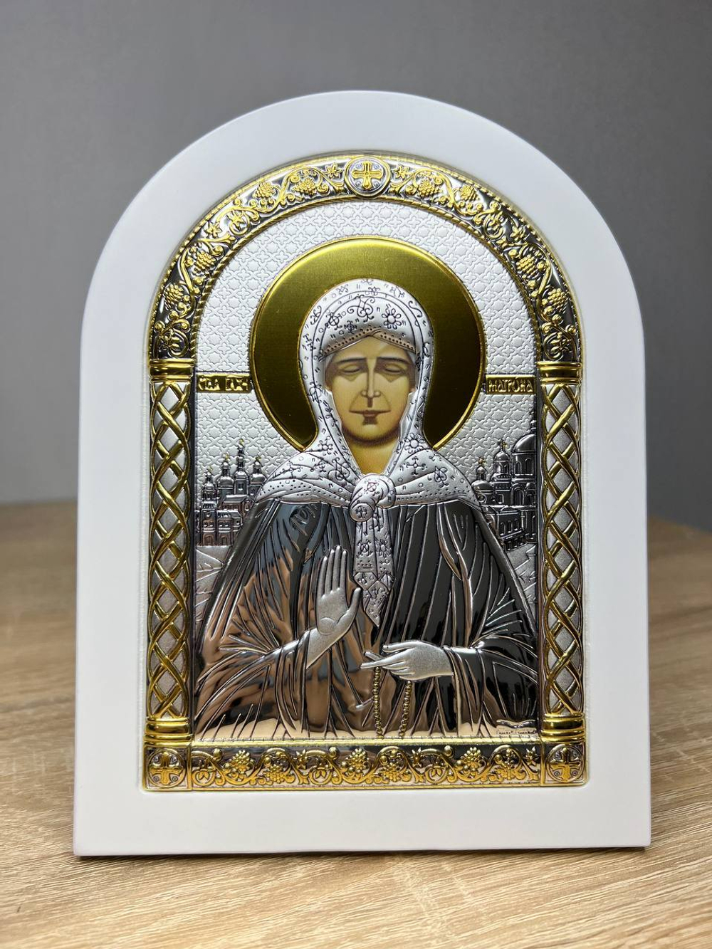 Матрона, икона арочная, белое дерево 150х200