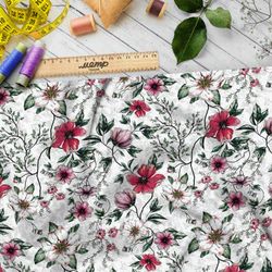 Ткань кулирная гладь яркие цветы и листья с контуром на белом фоне