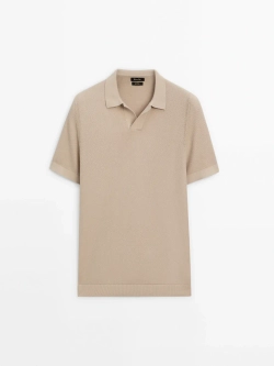 Massimo Dutti Хлопковый свитер с воротником поло и короткими рукавами, дымчатый