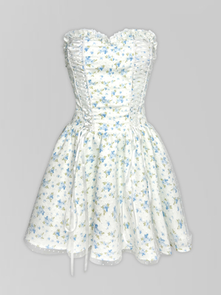 Платье YIYI STORY 3866 короткое в цветочек с пышной юбкой и вставками из лент
