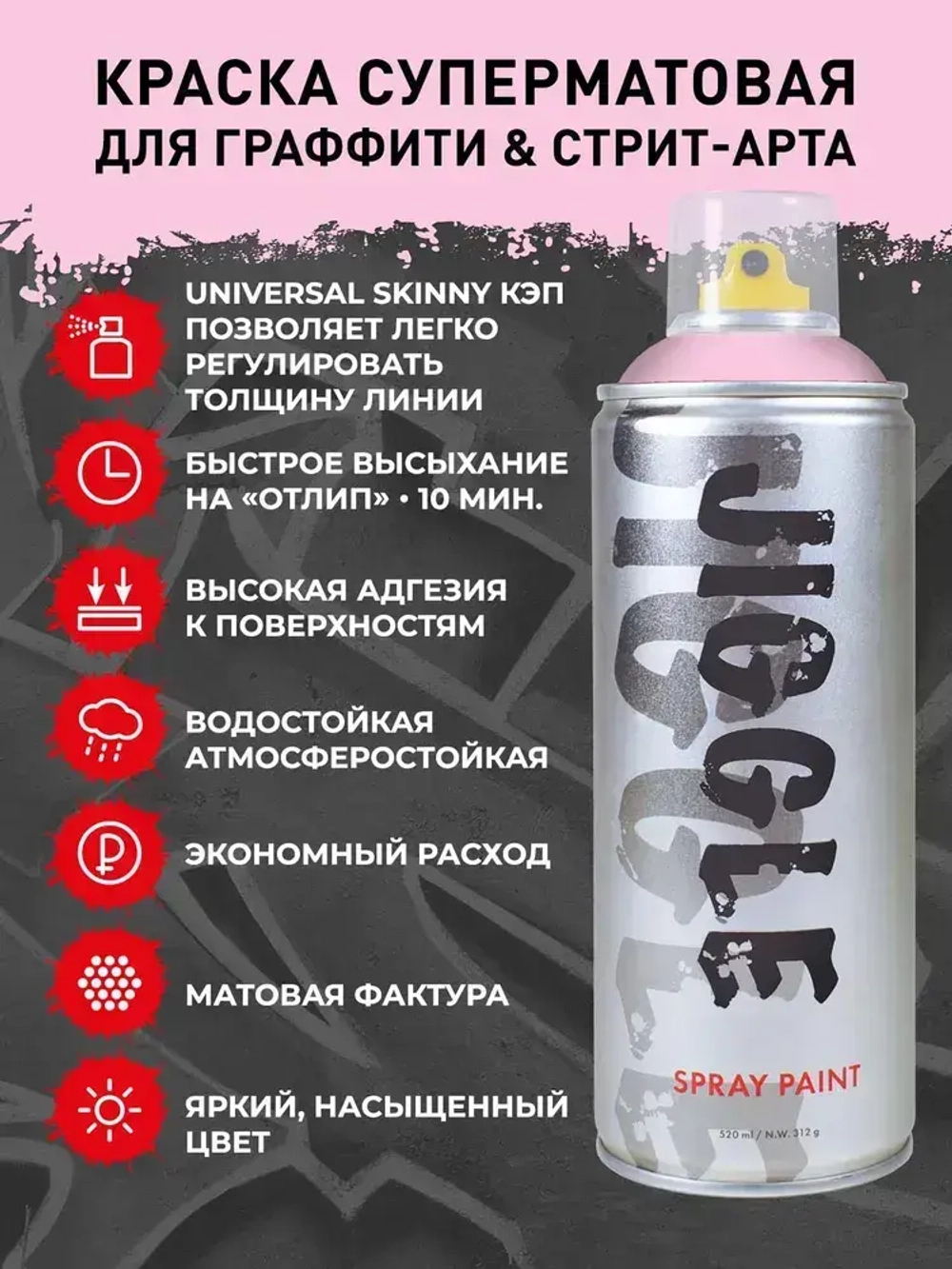 Аэрозольная краска для граффити в баллончике JIGGLE PRO суперматовая, 520 мл, SAKURA / Сакура - 2 шт