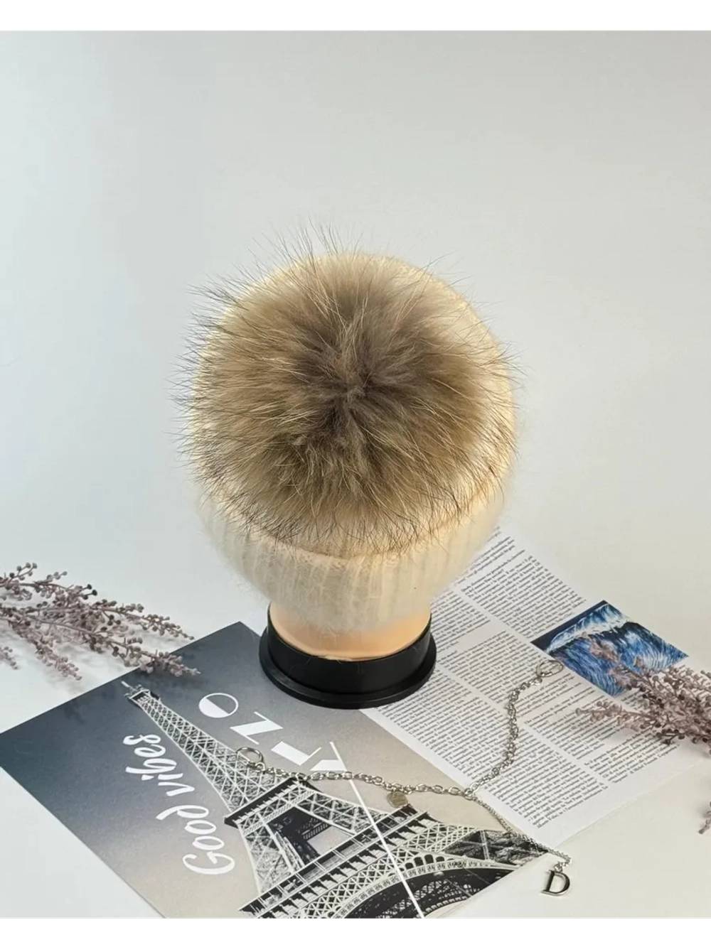 шапка ангора с меховым помпоном зимняя пушистая стильная