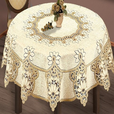 Скатерть жаккардовая круглая, цвет кремово-золотистый, Польша.