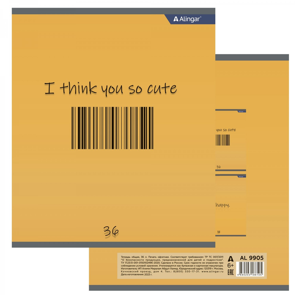 Тетрадь 36 л., А5, линия, Alingar "Positive book", скрепка, второй блок 60г/м2, мелованный картон (стандарт), 4 дизайна в пленке т/у