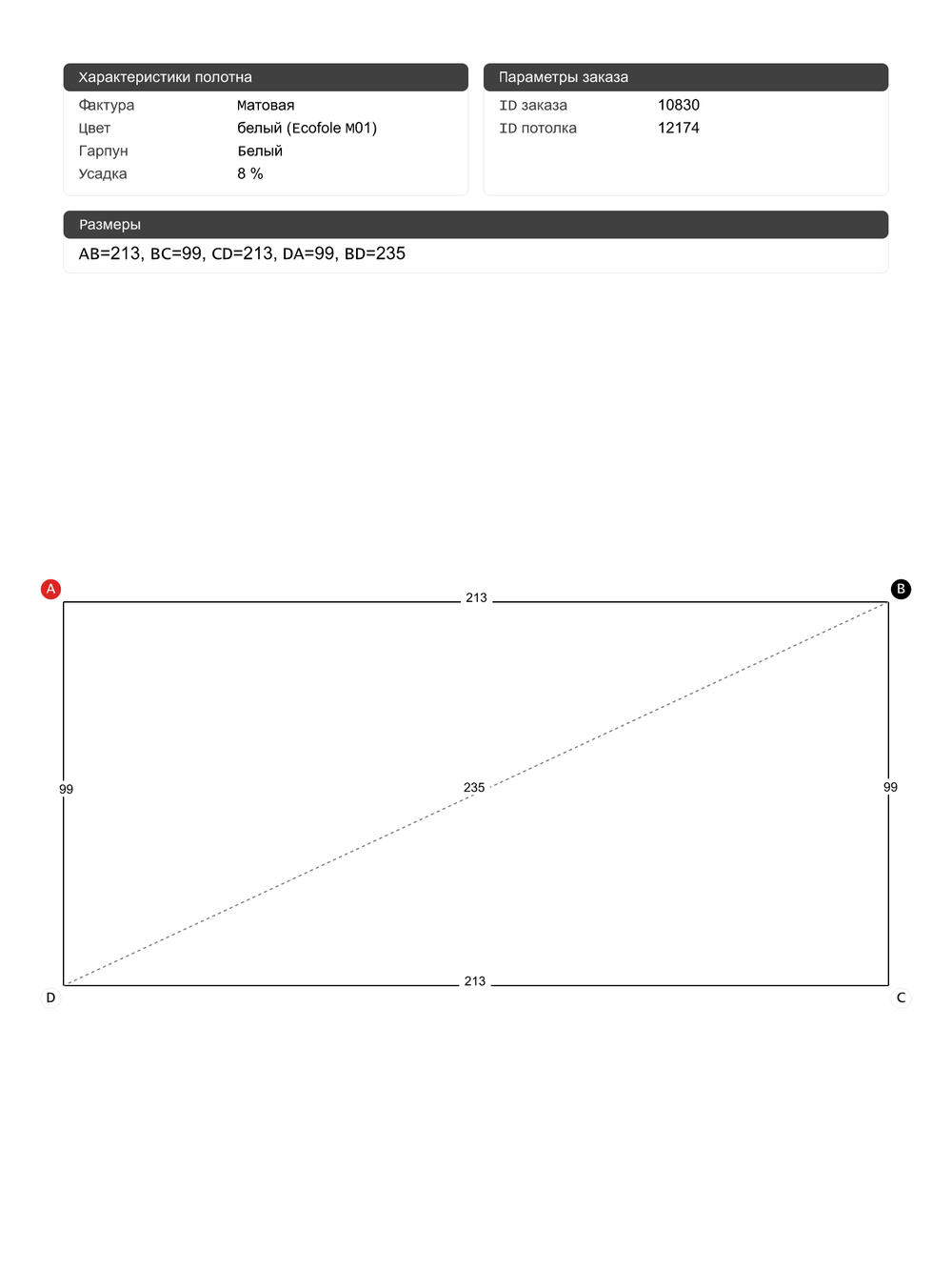 Матовый натяжной потолок 2.1 м2