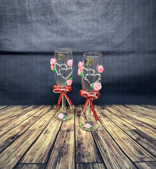 Свадебные бокалы , золото с розовым, Совет да любовь, матовые