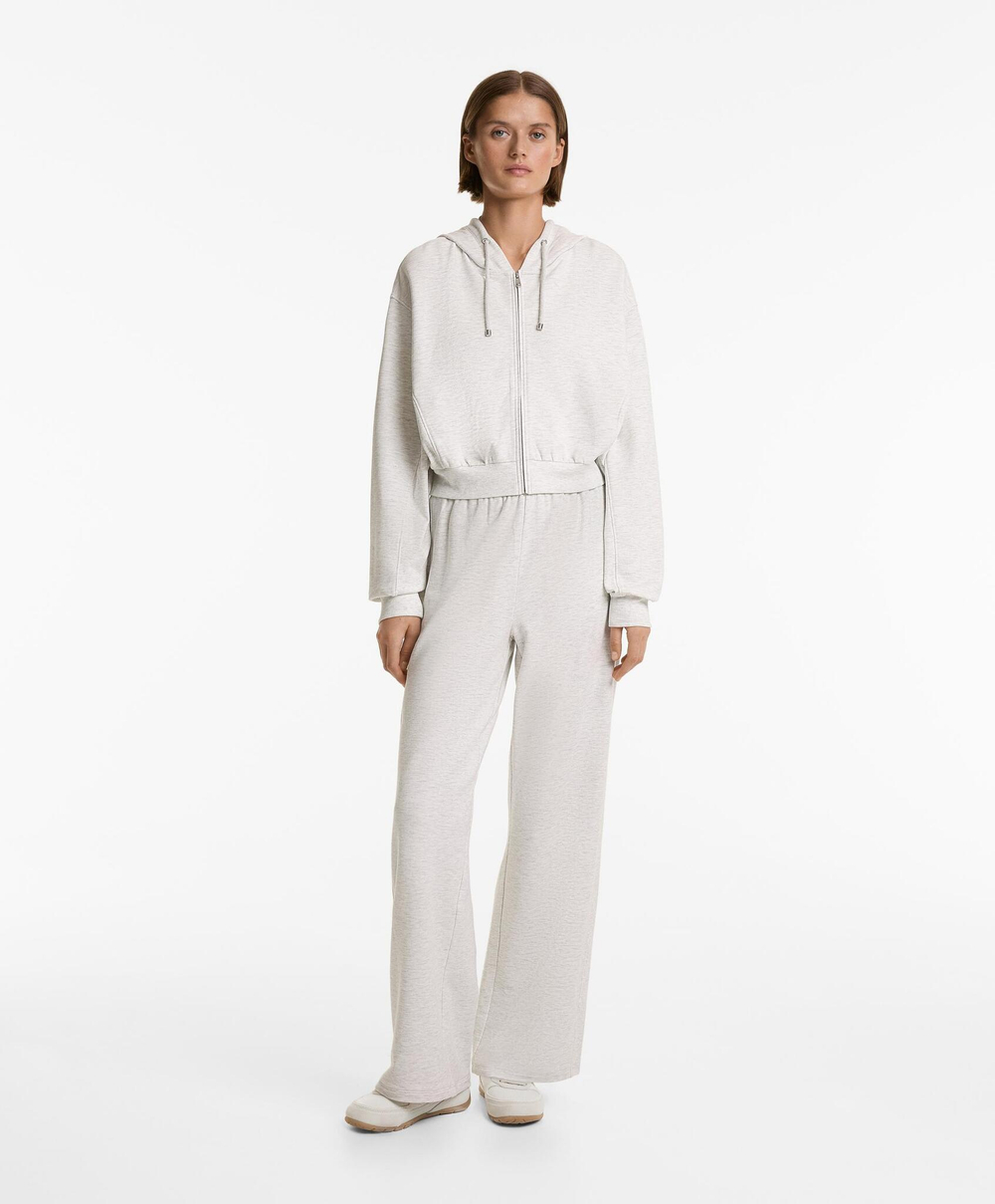 Oysho Толстовка укороченная с капюшоном и отделкой в ​​рубчик из хлопка и модала, бледно-серый меланж