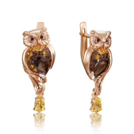 Серьги «Совы» с английским замком из красного золота c кварцем дымчатым, цитринами и эмалью