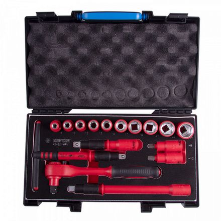 Цена на KING TONY (45VE01MRV) Набор торцевых диэлектрических головок с принадлежностями 1/2", шестигранные, 8-24 мм, 16 предметов