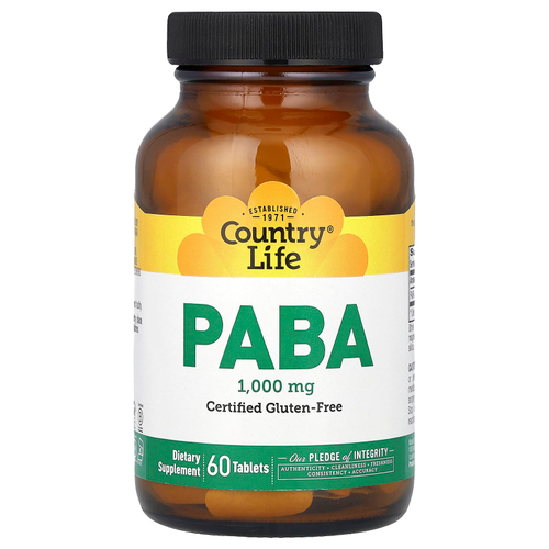 Country Life, Пара-аминобензойная кислота (ПАБК) с замедленным высвобождением, 1000 мг, 60 таблеток
