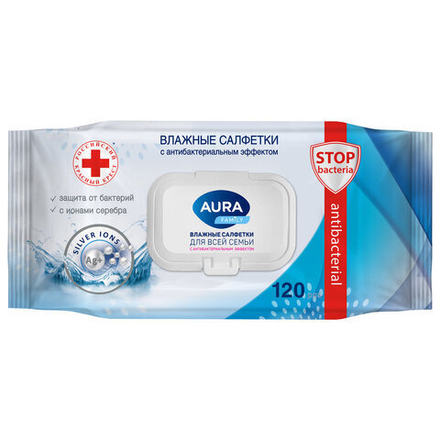 Салфетки влажные 120 шт, AURA Family антибактериальные, для всей семьи, крышка клапан, 14622
