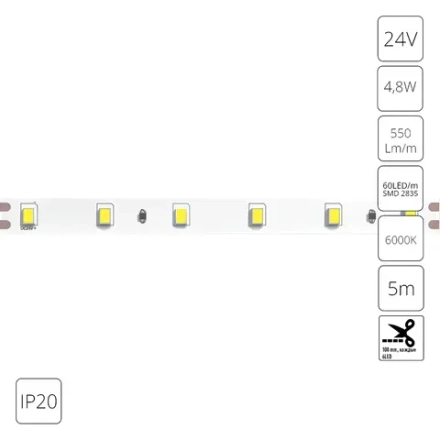 Светодиодная лента 24V 4,8W/m 6000К 5м IP20 Arte Lamp TAPE