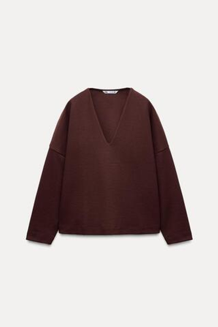 ZARA ТОП ИЗ ИНТЕРЛОКА С V-ОБРАЗНЫМ ВЫРЕЗОМ, БОРДОВЫЙ