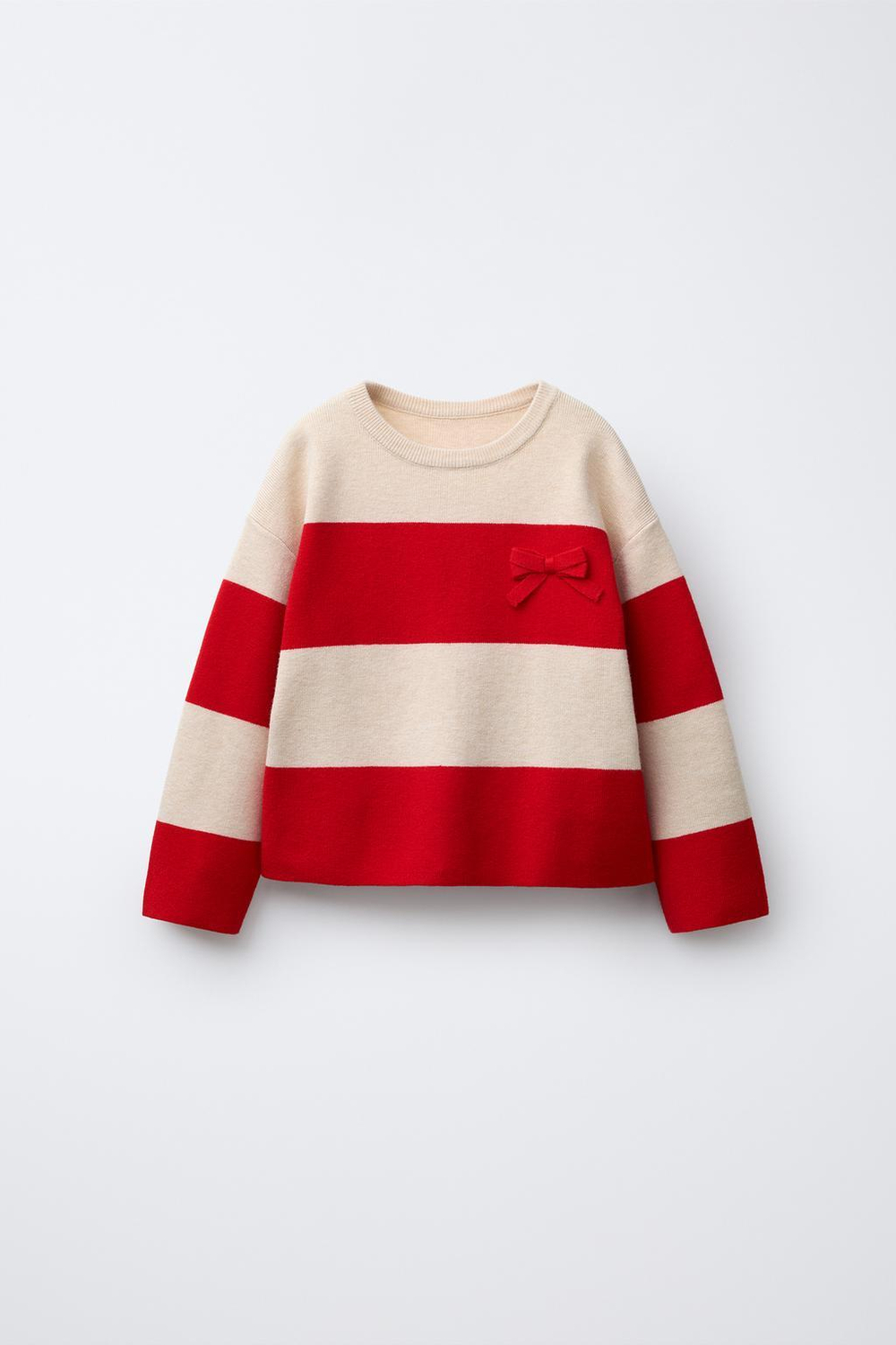 ZARA ВЯЗАНЫЙ СВИТЕР В ПОЛОСКУ С БАНТИКАМИ, ЭКРЮ/КРАСНЫЙ