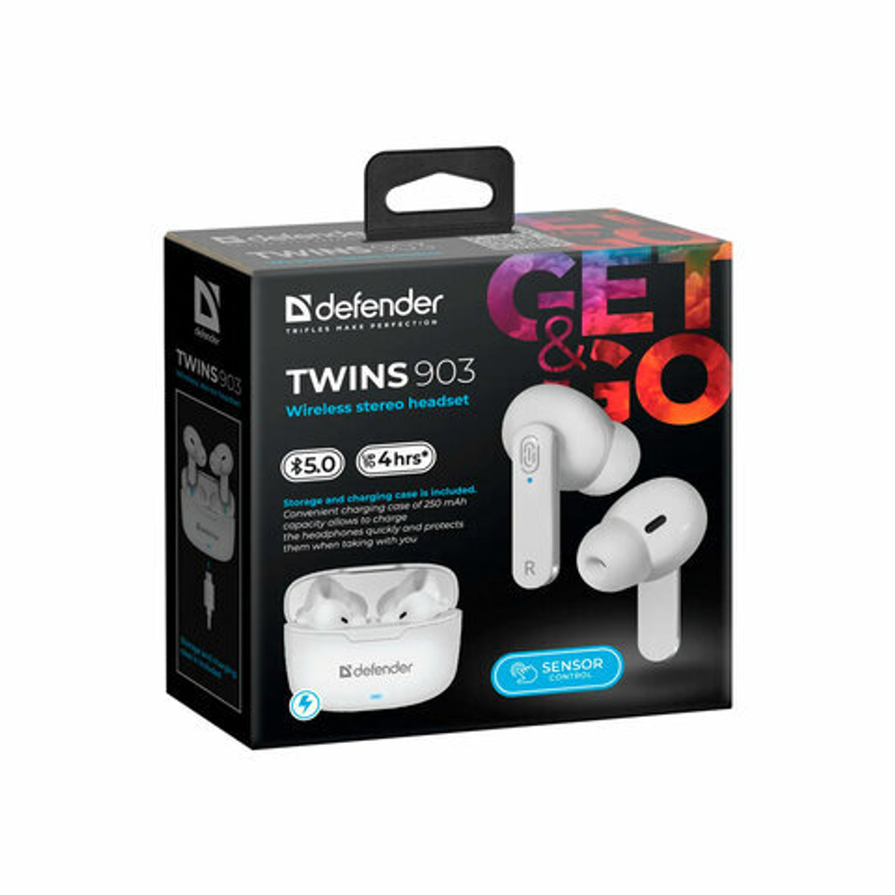 Наушники с микрофоном (гарнитура) DEFENDER TWINS 903, Bluetooth, беспроводные, белые,