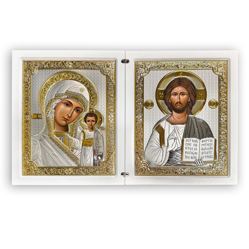 Складень, Казанская БМ, Спаситель, икона прямоугольная, белое дерево 185x300