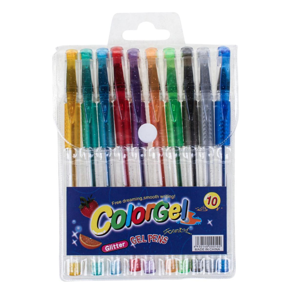 Набор цветных гелевых ручек с блестками, 10цветов, в ПВХ пенале
