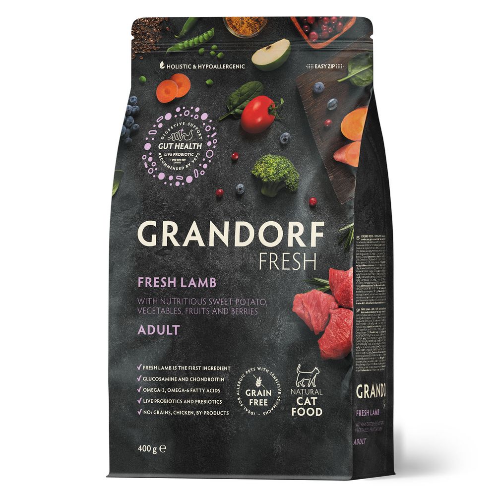 Беззерновой корм с живыми пробиотиками GRANDORF Fresh Cat ADULT Lamb&amp;Sweet Potato Свежее мясо ягненка с бататом для кошек 400 г