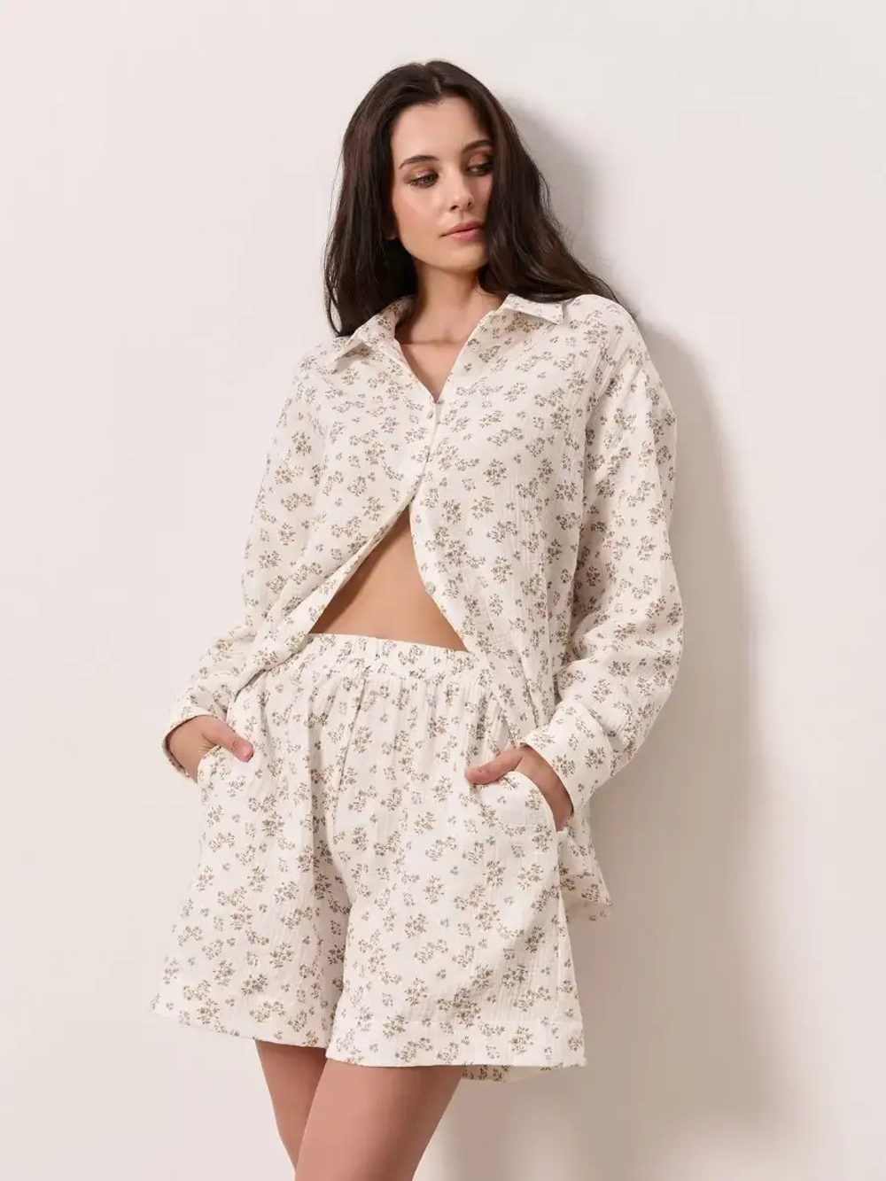 Костюм - пижама с шортами из муслина домашний оверсайз