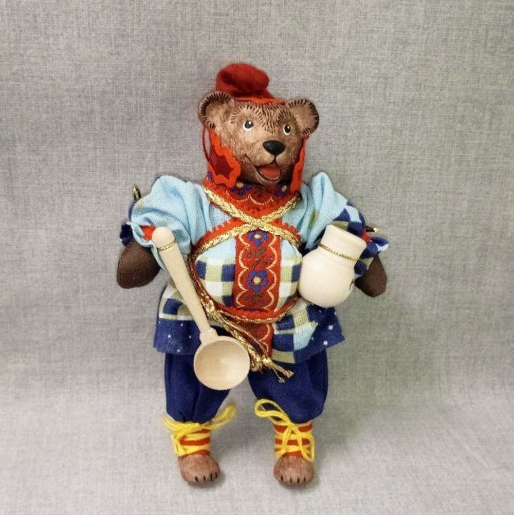 Ёлочная игрушка Медведь в колпаке с крынкой мёда и ложкой