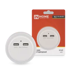 Ночник светодиодный NLE 10-LW-DC белый 2хUSB разъема с датчиком освещения 230В IN HOME