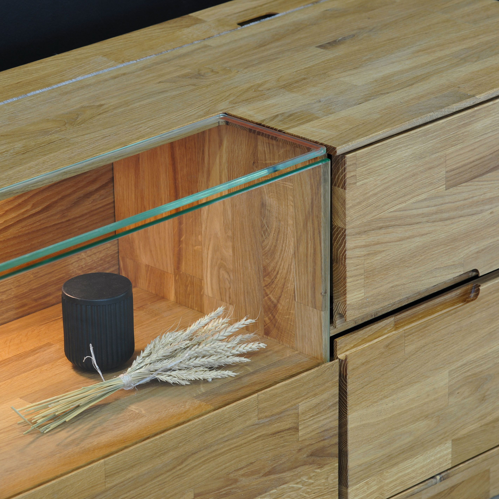 Тумба под телевизор Паво из дуба с подсветкой 180х42х50, 2 двери со стеклом, 4 ящика, цвет натуральный