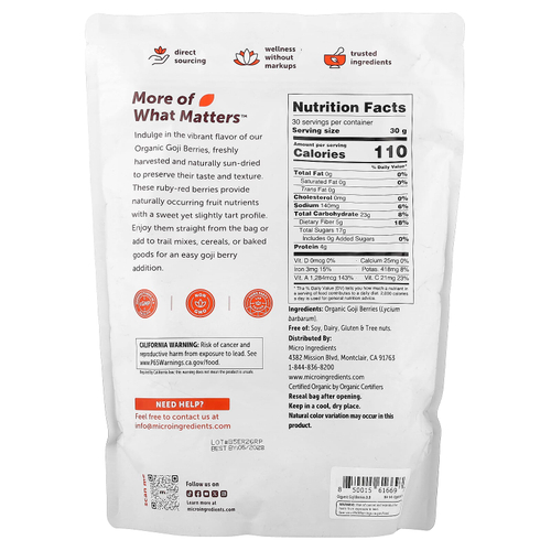 Micro Ingredients, Органические ягоды годжи, 907 г (2 фунта)