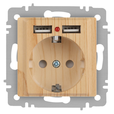 Розетка Intro Accent 6-410-11 , P+E Schuko со шторками, 16А-250В + 2хUSB, IP20, СУ, сосна