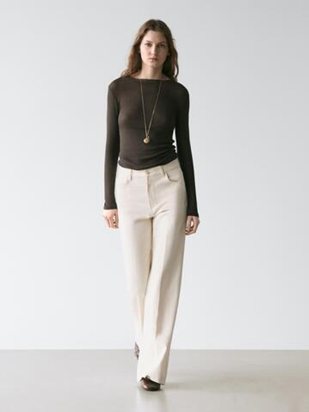 Massimo Dutti Джинсы-палаццо с высокой талией, кремовый