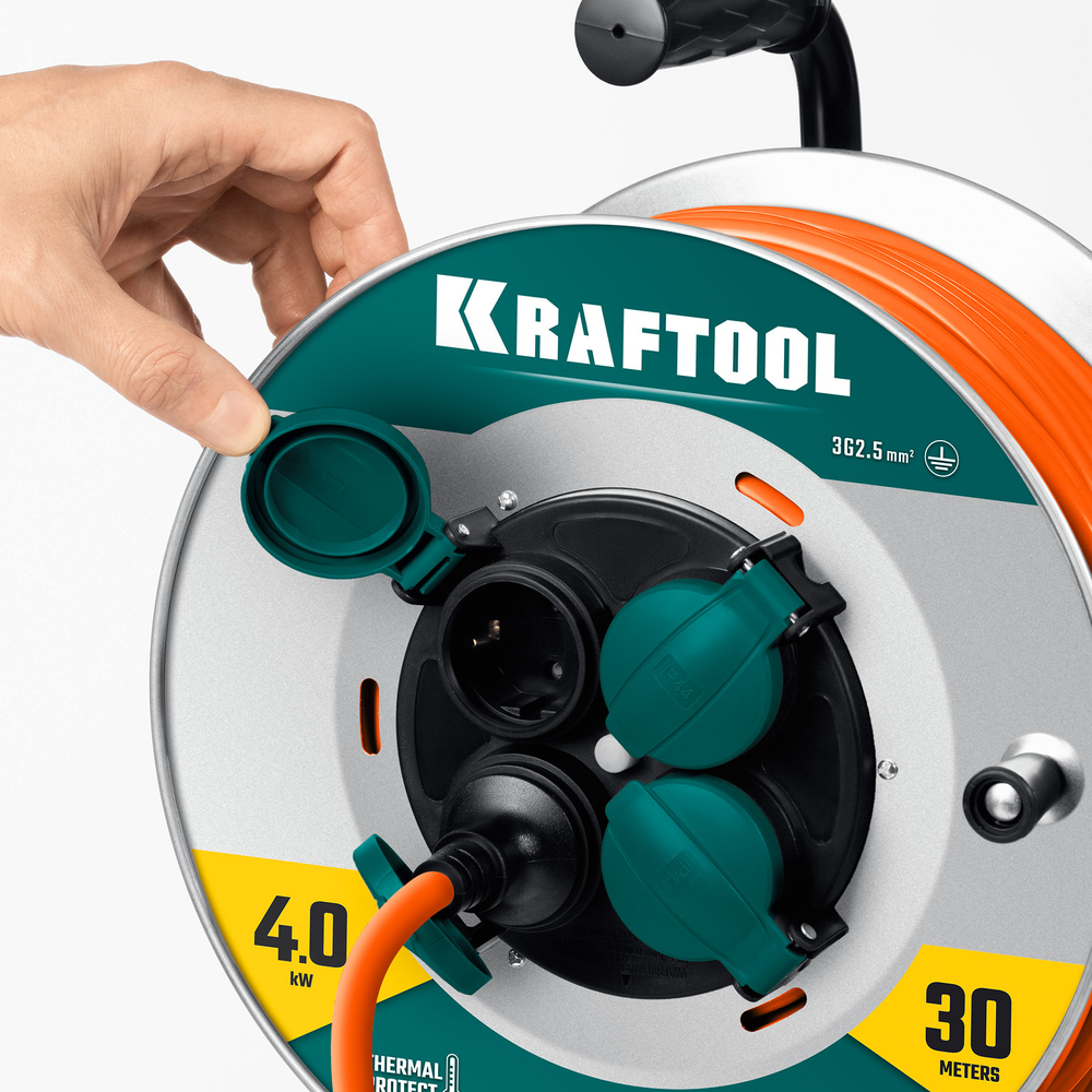 KRAFTOOL ПВС 3х2.5 30м 4000Вт IP44, Силовой удлинитель на стальной катушкеEXPERT (55089-30)