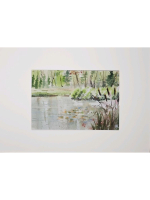 Картина авторская акварельная в паспарту 21х30 см на стену для интерьера "Пруд у беседки в Веребково"