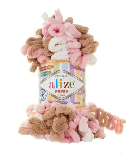 Пуффи колор (Puffy color) пряжа Alize 100%микрополиэстер 5х100г/9 м (6046 белый-беж-розовый)