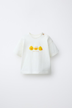 ZARA ФУТБОЛКА С ВЫШИТЫМИ ЦЫПЛЯТАМИ, ЭКРЮ