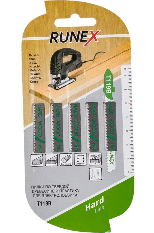 Пилки 75x50 мм. 12з/д(древсес,фанера,ДСП,изол матер,пласт h=4-30mm)прям распил. T119B 5шт/уп "Runex"