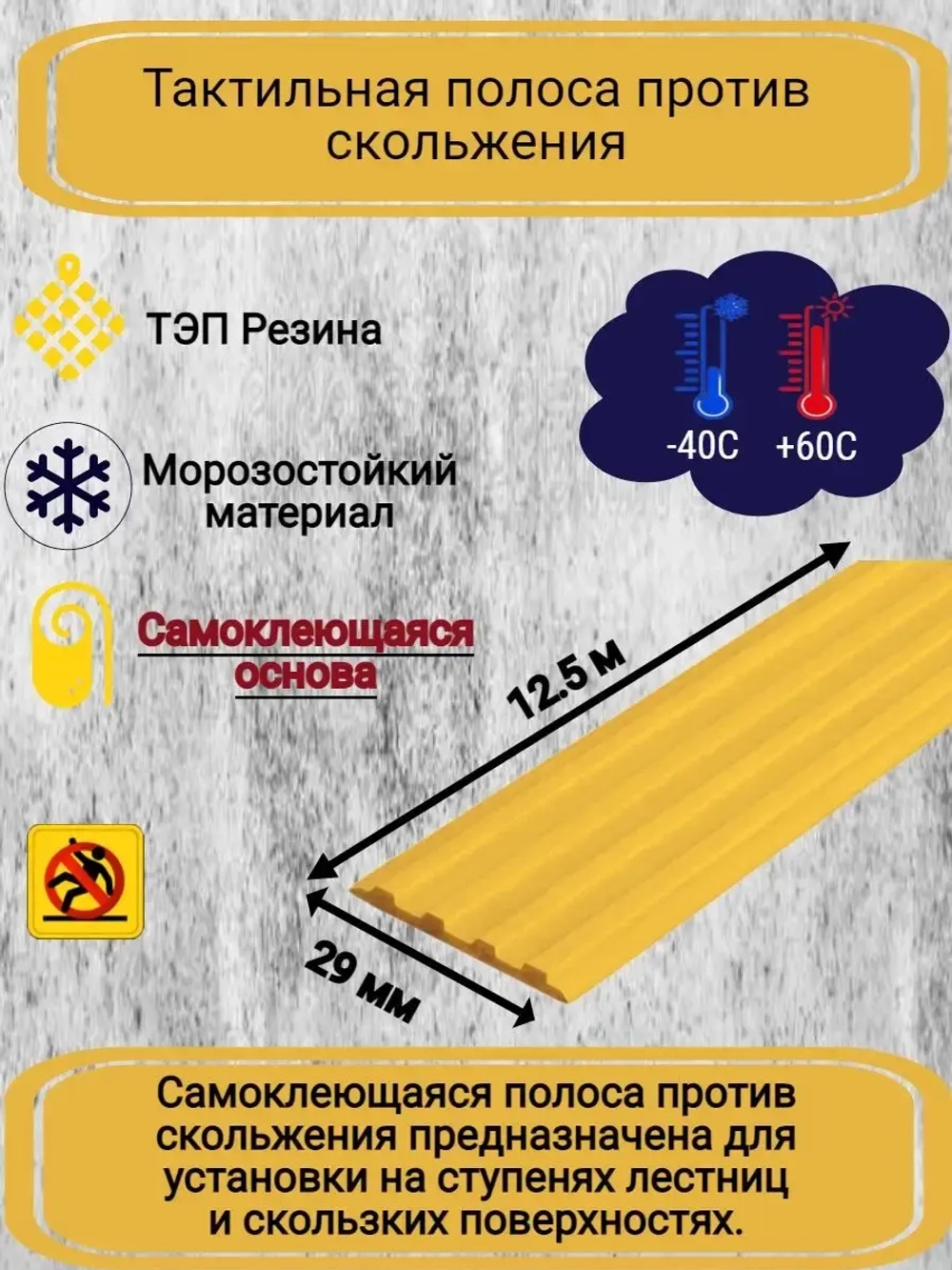 Накладка противоскользящая резиновая на ступени, 12,5 метров