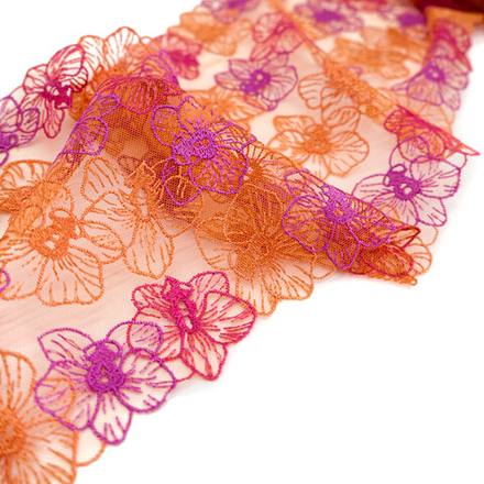 Вышивка на сетке ОРАНЖЕВЫЕ/ФИОЛЕТОВЫЕ ЦВЕТЫ, 18,5см