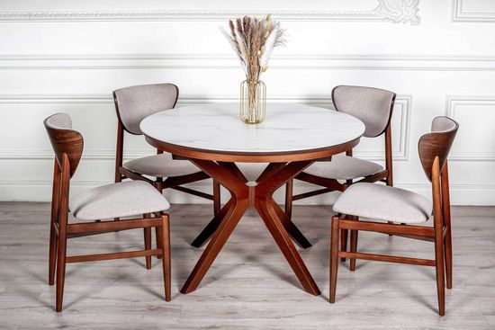 Комплект Стол VERONA 1100 CC с раздвижной круглой столешницей, керамика Snow White + 4 стула FANO-F с мягкой вставкой в деревянной спинке / Американский орех