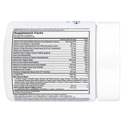 Codeage, Teen Clearface+, добавка для здоровья кожи лица подростков, 60 растительных капсул