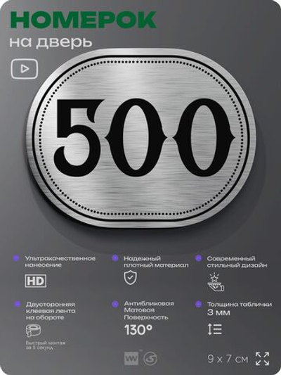 Номерок на дверь квартиры 500, для кабинета, офиса, шильдик 9 х 7 см, брашированная сталь, Айдентика Технолоджи
