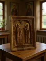 Освященная Икона Святые Петр и Февронья Муромские дуб 14х17