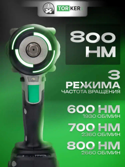 Гайковерт аккумуляторный ударный TORKER WR20-04, 20В, бесщеточный, Li-ion, 2х4.0Ah