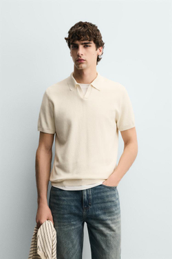 ZARA ПОЛО ИЗ РЕЛЬЕФНОГО ТРИКОТАЖА, ЖЕЛТОВАТО-БЕЛЫЙ