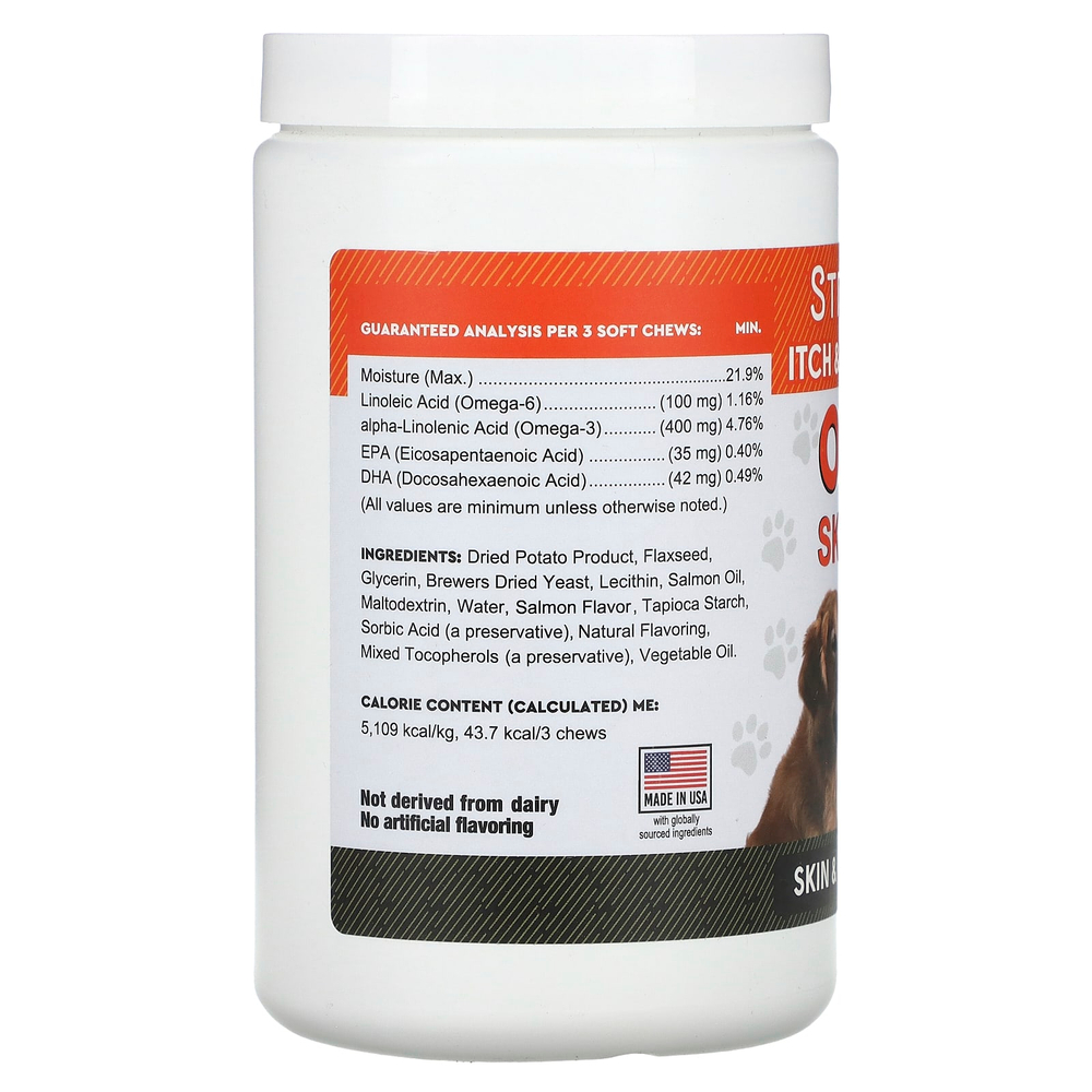 StrellaLab, Omega Skin Health с жиром лосося, для собак и кошек, со вкусом лосося, 180 жевательных таблеток, 513 г (18 унций)