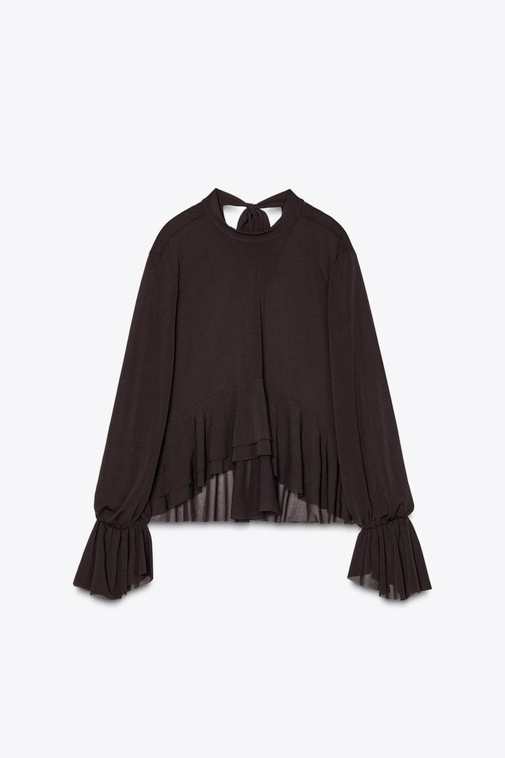 ZARA ТОП С ВОЛАНАМИ И ЗАВЯЗКАМИ, ТЕМНО-КОРИЧНЕВЫЙ